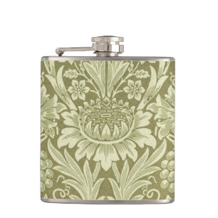 William Morris Sonnenblume Vintage Oliv Damast Flachmann