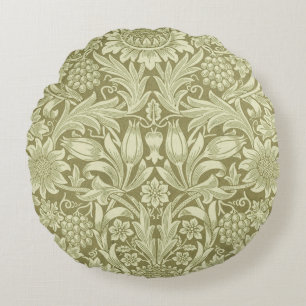 William Morris Sonnenblume Vintage Oliv Damast Rundes Kissen