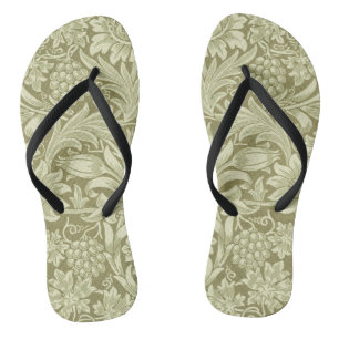 William Morris Sonnenblume Vintage Olive Damast Badesandalen