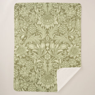 William Morris Sonnenblume Vintage Olive Damast Sherpadecke