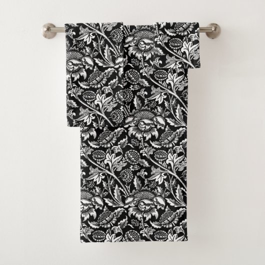 William Morris-Sonnenblumen, Schwarzweiss Badhandtuch Set (Insitu)