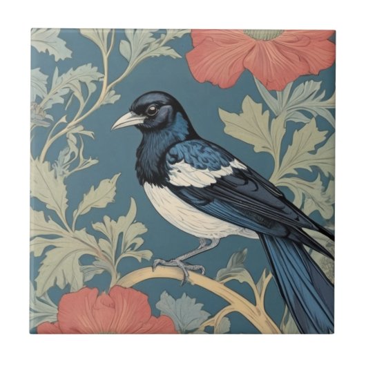 William Morris Stil Links gegenüber Magpie Bird Fliese (Vorderseite)