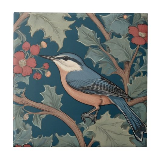 William Morris Stil Links gegenüber Nuthatch Bird Fliese (Vorderseite)