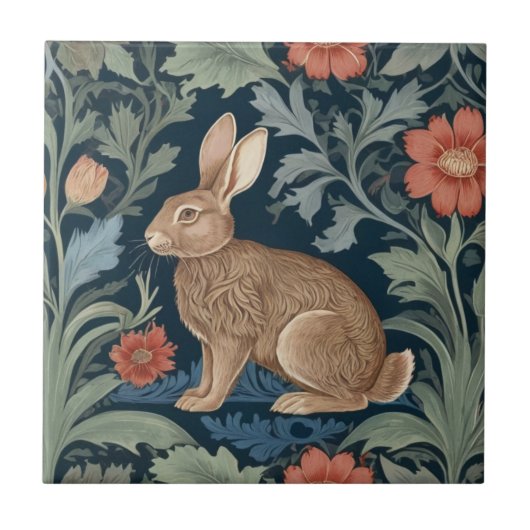 William Morris-Stil Rabbit Links gegenüber Floral Fliese (Vorderseite)