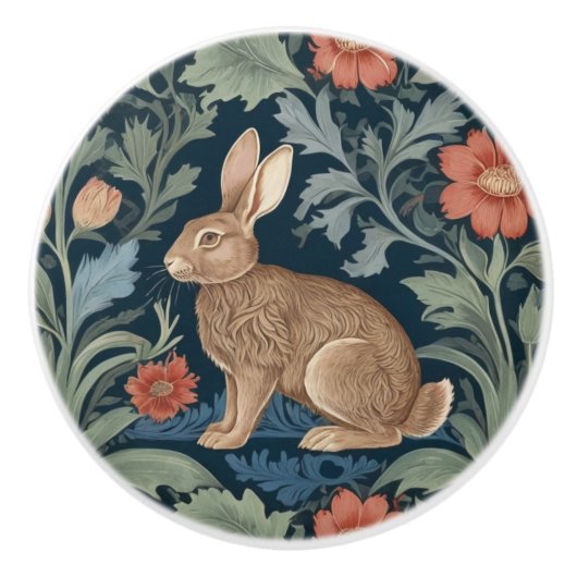 William Morris-Stil Rabbit Links gegenüber Floral Keramikknauf (Vorderseite)