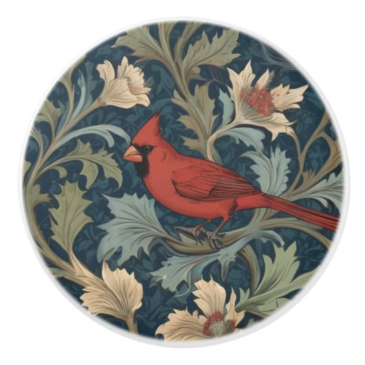 William Morris-Stil Red Kardinal Bird links gegenü Keramikknauf (Vorderseite)