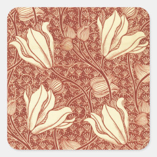 William Morris Stil Roter Lilie Blumenmuster Quadratischer Aufkleber