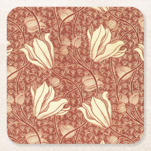 William Morris Stil Roter Lilie Blumenmuster Rechteckiger Pappuntersetzer