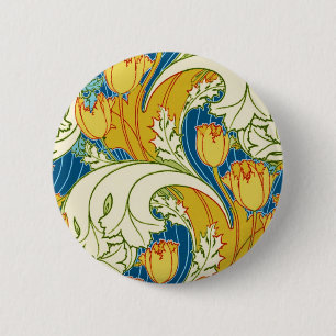William Morris Stil Türkis & Gold Tulpen Blumen Ku Button