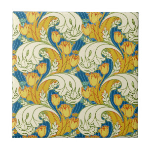 William Morris Stil Türkis & Gold Tulpen Blumen Ku Fliese