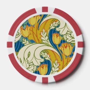 William Morris Stil Türkis & Gold Tulpen Blumen Ku Pokerchips