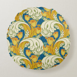 William Morris Stil Türkis & Gold Tulpen Blumen Ku Rundes Kissen
