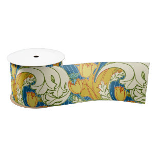 William Morris Stil Türkis & Gold Tulpen Blumen Ku Satinband