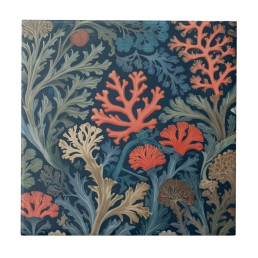 William Morris Stil Unterwasser-Meer-Korallenriff Fliese (Vorderseite)