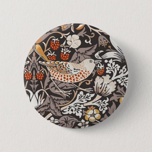 William Morris Strawberry Thief Holzkohle-Ocker Button (Vorderseite)