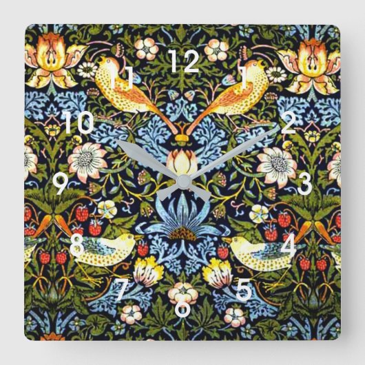 William Morris - Strawberry Thief Quadratische Wanduhr (Vorderseite)