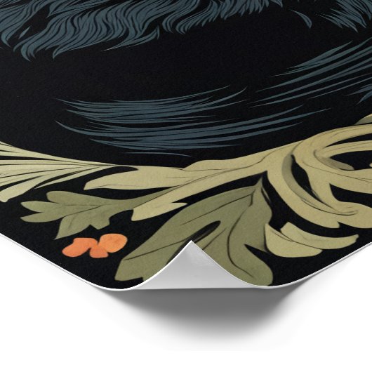 William Morris Style Black Niedlich Cat Botantical Poster (Ecke)