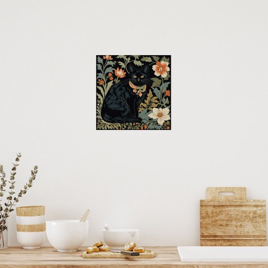 William Morris Style Black Niedlich Cat Botantical Poster (Küche)