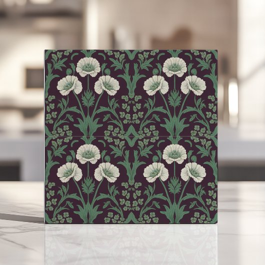 William Morris-Style Green und Ivory Floral Fliese