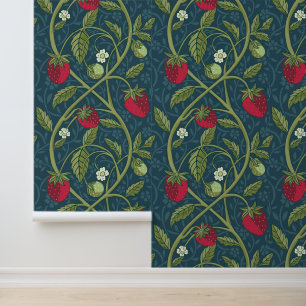 William Morris Style Jade & Red Strawberry Pattern Tapete