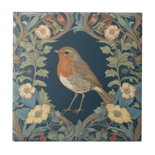 William Morris Style L Robin RedBrust Bird Fliese (Vorderseite)