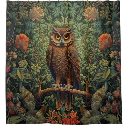 William Morris Style, Owl auf einer Zweigniederlas Duschvorhang (Vorderseite)