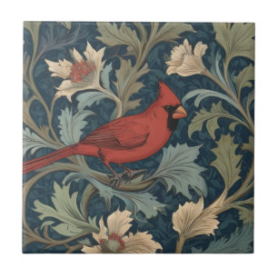 William Morris Style Red Kardinal Bird rechts Fliese