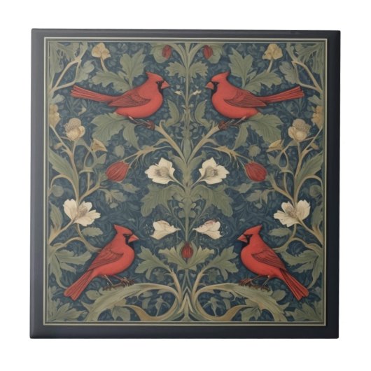 William Morris Style Red Kardinal Birds Fliese (Vorderseite)