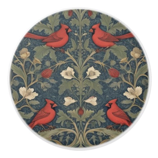 William Morris Style Red Kardinal Birds Keramikknauf (Vorderseite)