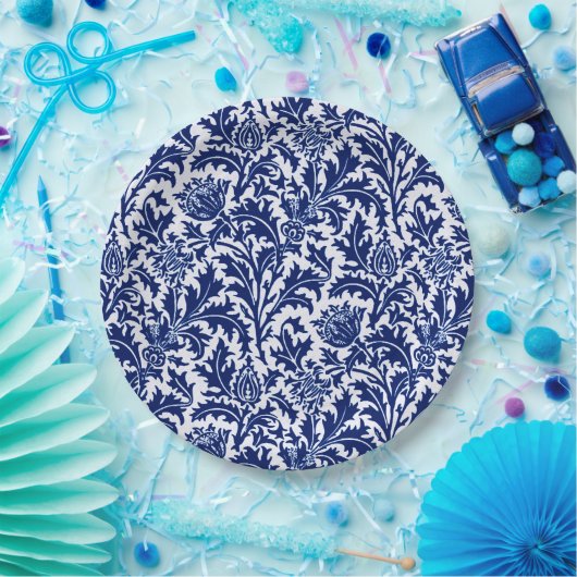 William Morris Thistle Damask, Cobalt Blue & White Pappteller (Party)