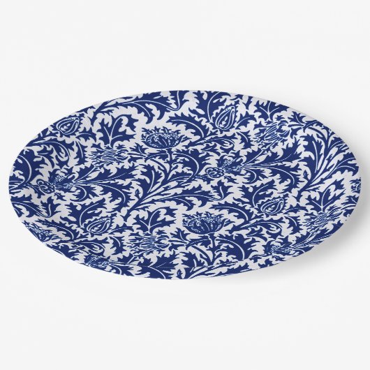 William Morris Thistle Damask, Cobalt Blue & White Pappteller (Schrägansicht)