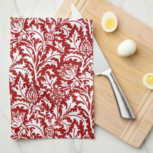 William Morris Thistle Damask, Dark Red & White Geschirrtuch (Viertel Falte)