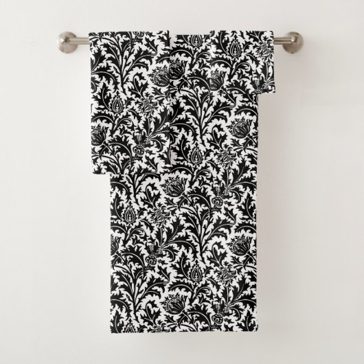 William Morris Thistle Damask, Schwarz auf Weiß Badhandtuch Set (Insitu)