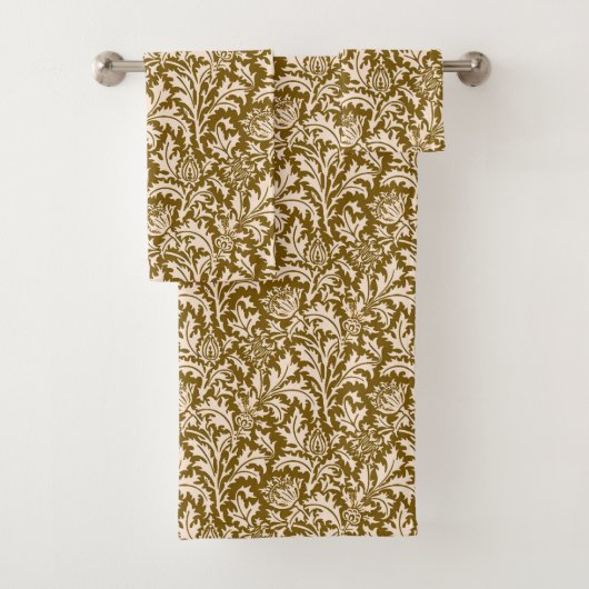 William Morris Thistle Damask, Taupe Tan und Beige Badhandtuch Set (Insitu)