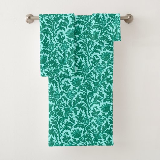 William Morris Thistle Damask, Turquoise and Aqua Badhandtuch Set (Insitu)