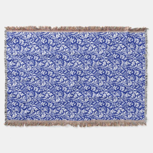 William Morris Thistle Damask White über Cobalt Bl Decke (Vorderseite)