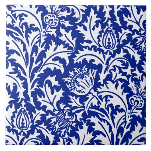 William Morris Thistle Damask White über Cobalt Bl Fliese (Vorderseite)