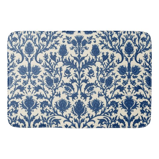 William Morris Thistle Damast Kobaltblau und Weiß Badematte (Vorderseite)