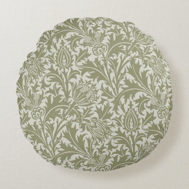 William Morris Thistle Sage Green Pattern Rundes Kissen (Vorderseite)