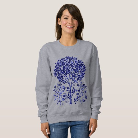 William Morris Tree of Life, Cobalt Blue und White Sweatshirt (Vorne ganz)