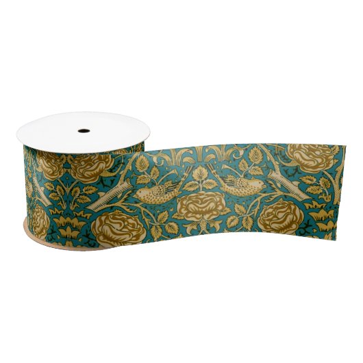 William Morris Tudor Rose Pattern Blue Golden Satinband (Spule)