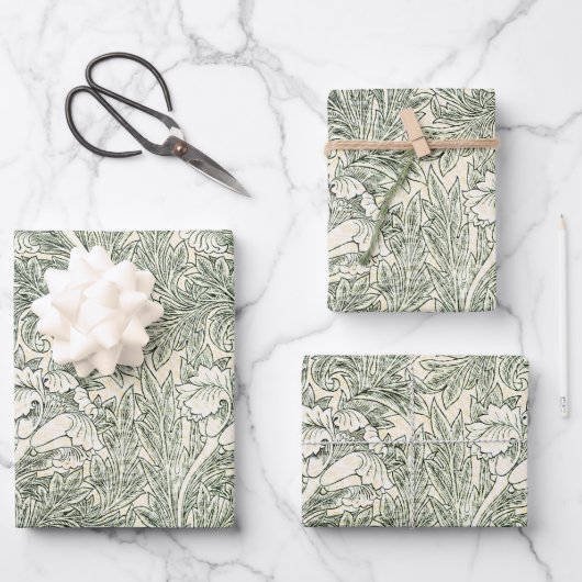 William Morris Tulpen-Wallpaper Klassisches Grün Geschenkpapier Set (Vorderseite)