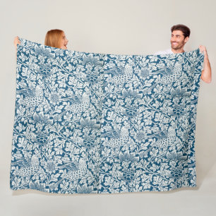 William Morris Vintag Blume Birds Blue White Fleecedecke