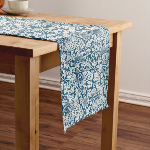 William Morris Vintage Blumen Vögel Blau Weiß Kurzer Tischläufer