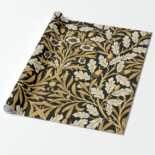 William Morris Vintage Gold Schwarzes Eichenmuster Geschenkpapier (Ungerollt)