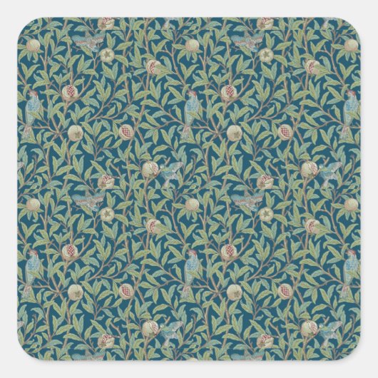 William Morris "Vogel und Granatapfel"  Quadratischer Aufkleber (Vorderseite)