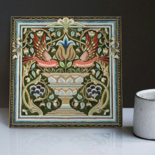 William Morris Vögel und Tulpen Grüne Art Nouveau Fliese