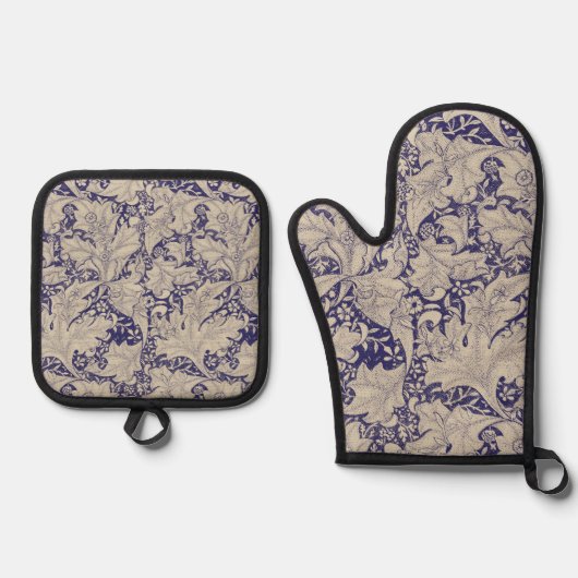 William Morris Wallflower Blue Damask Ofenhandschuh & Topflappen-Set (Vorderseite)