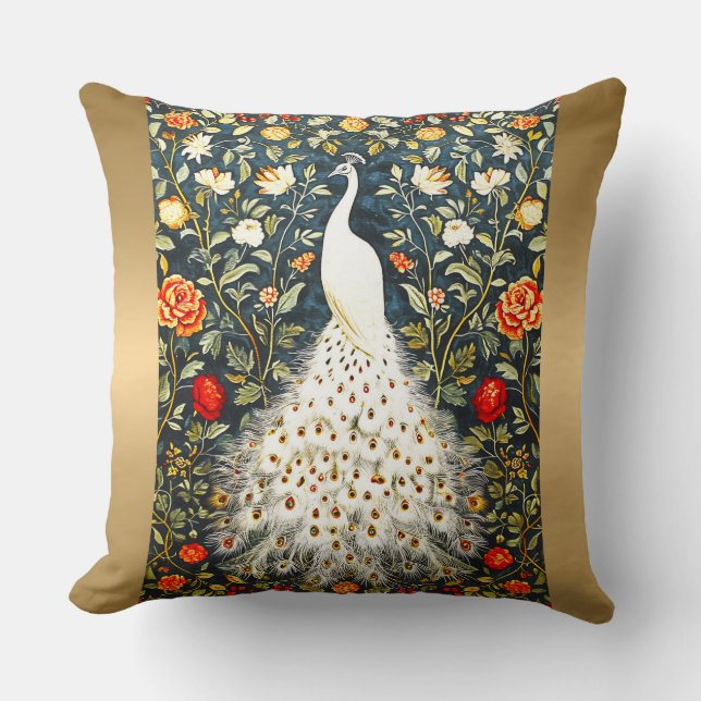 William Morris White Peacock Art Deco Gold Silver Kissen (Vorderseite)