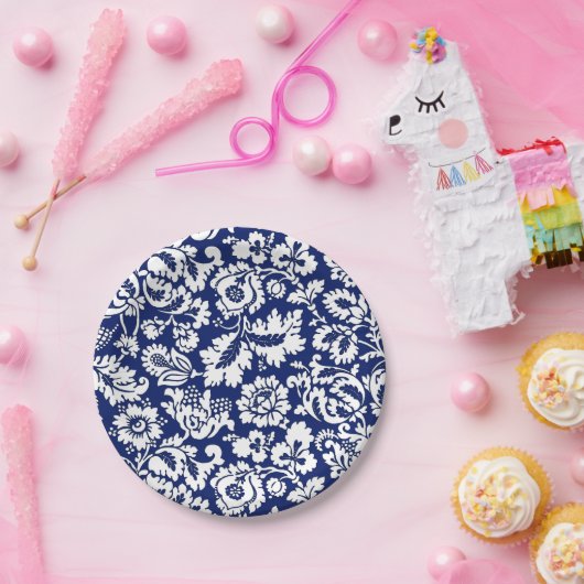 William Morrisblumendamast, Kobalt-Blau u. Weiß Pappteller (Party)